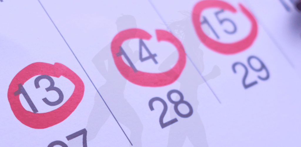 Photo of a calendar with red circles drawn around some of the dates