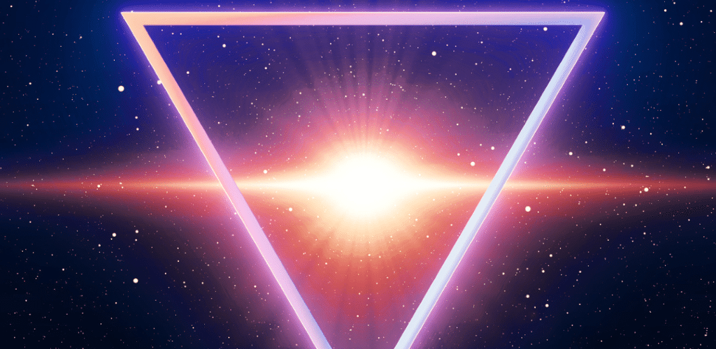 Digital image of an upside-down triangle framing a bright star or light in deep space