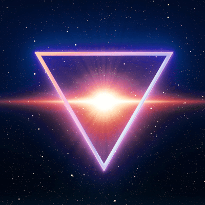 Digital image of an upside-down triangle framing a bright star or light in deep space